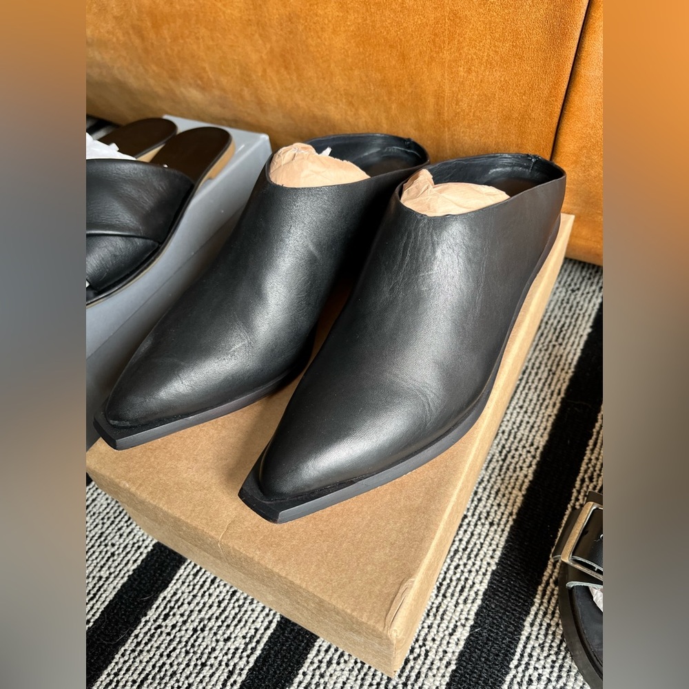 Black Leather Pointed Mule Heels - Women's Slip-On Fashion Shoe